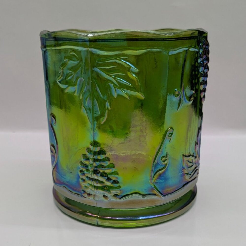 Indiana Glass Iridescent Carnival Grape Harvest Green Candy Jar Decorative 5"
